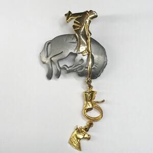 Vintage Ultracraft Signed Cowboy Rodeo Horse Brooch Oversized Mixed Metal Gold T